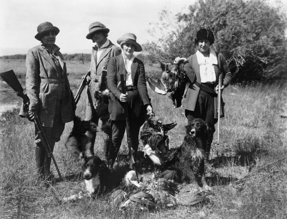 Hunting Scene from 1919 - Women Hunters with Dogs and Birds Fine Art Print