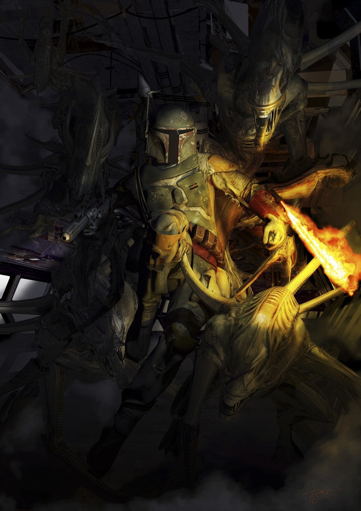 Star Wars Boba Fett Fighting Off Aliens Poster Print