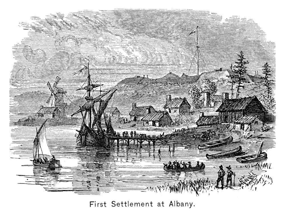 New York: Albany - 17th Century Dutch Settlement Wood Engraving Print
