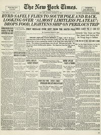 Historic 1929 New York Times Front Page Poster Print Featuring Byrd's South Pole Flight
