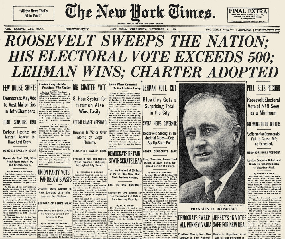 Presidential Campaign 1936: Roosevelt Re-Elected New York Times Front Page Fine Art Print