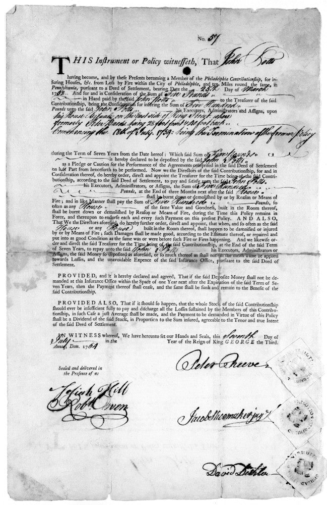 Colonial American Fire Insurance Policy Print, Philadelphia 1764