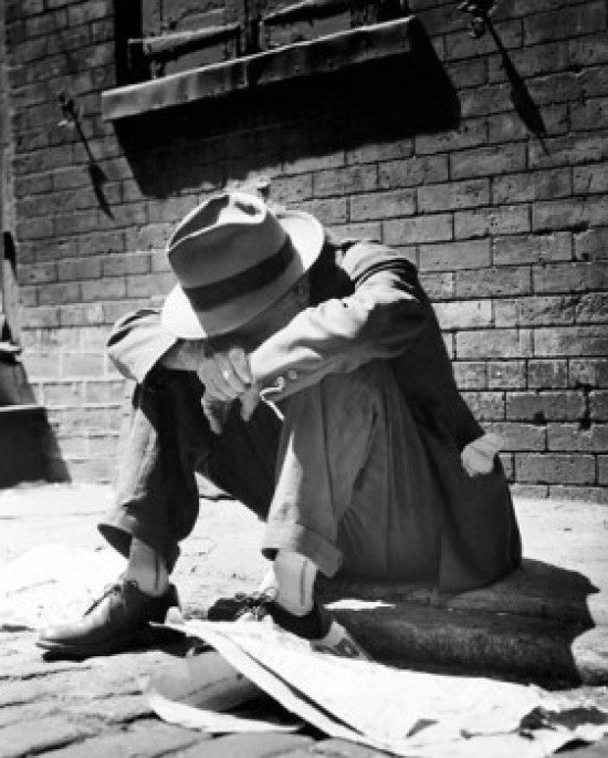 Homeless Man Sitting on a Sidewalk Fine Art Print