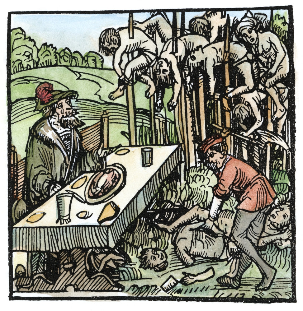 Vlad III the Impaler Dining Among Impaled Bodies Fine Art Print - German Woodcut, 1499