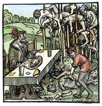Vlad III the Impaler Dining Among Impaled Bodies Fine Art Print - German Woodcut, 1499