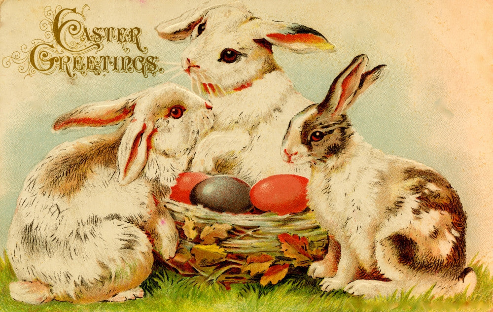 Easter Card with Bunnies, Eggs & Basket Fine Art Print