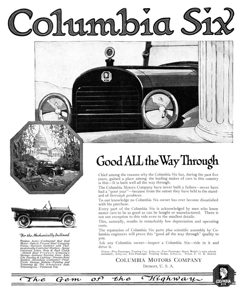 Columbia Six 1919 American Advertisement Fine Art Print