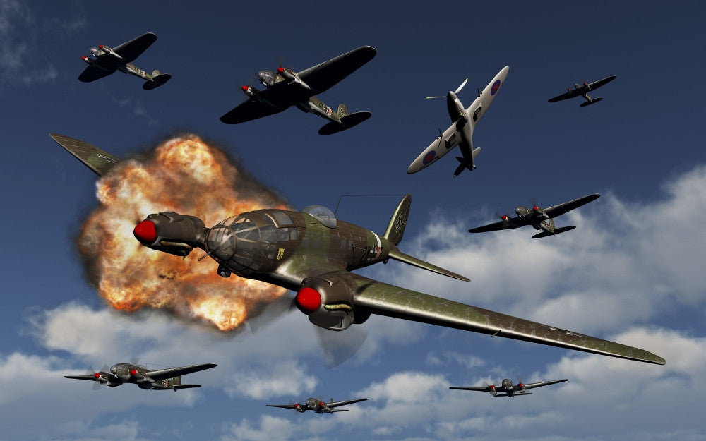 Heinkel He 111 Bomber Under Attack from RAF Spitfire Fine Art Print by Mark Stevenson