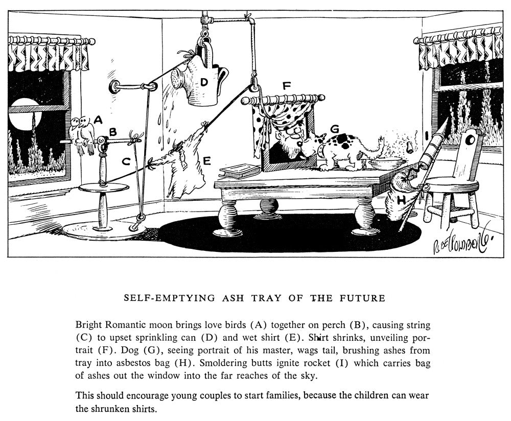 Self-Emptying Ashtray of the Future Cartoon by Rube Goldberg
