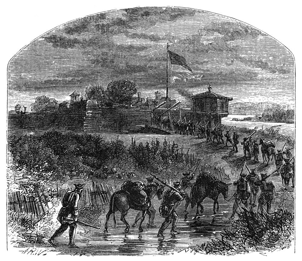 French and Indian War Engraving - Retaking Fort Duquesne Print by Granger Collection