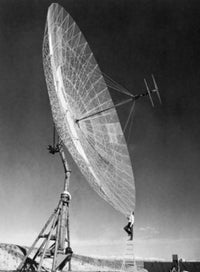 Engineer Standing on Ladder in Front of Parabolic Antenna Poster Print