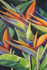 Dancing Birds and Bird of Paradise Flowers Acrylic Painting Print by Patti Bruce