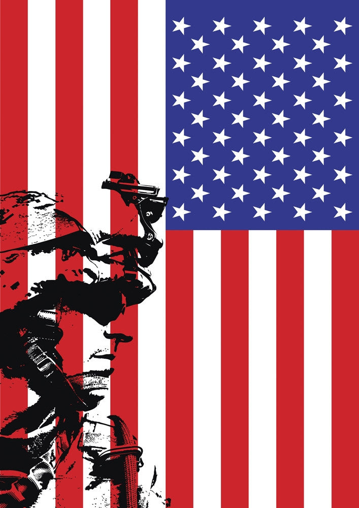 U.S. Marine Poster Print Against the USA Flag by Oleg Zabielin