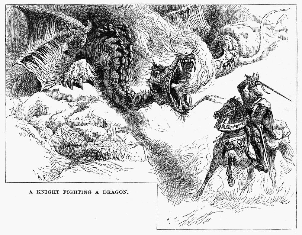 Knight Errant Fighting a Dragon - 19th Century Wood Engraving Poster Print by Granger Collection