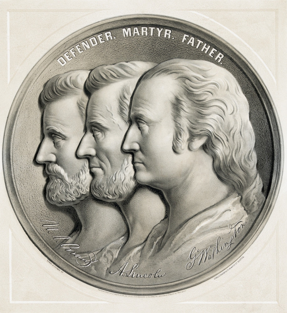 1870 Lithograph Medallion Featuring Grant, Lincoln & Washington Fine Art Print