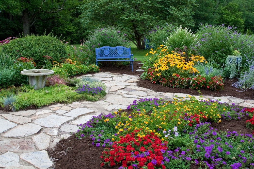 Serene Blue Bench and Birdbath Poster Print in Flower Garden, Marion County, Illinois
