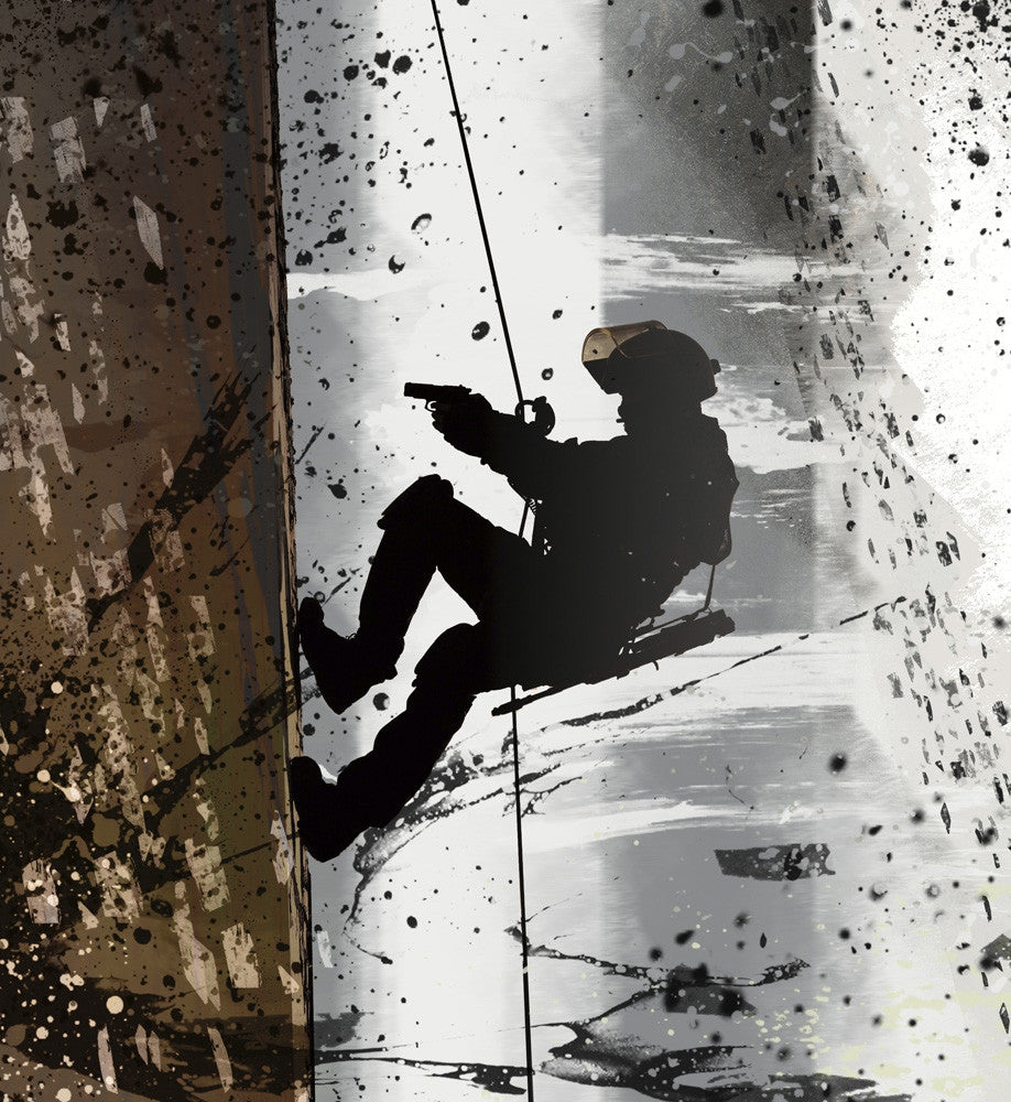 Silhouette of Police Officer Performing Rope Exercises Fine Art Print by Oleg Zabielin
