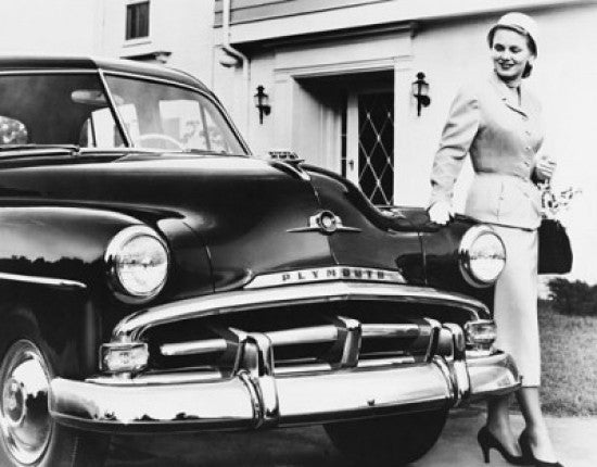 Young Woman Walking by a 1952 Plymouth Fine Art Print