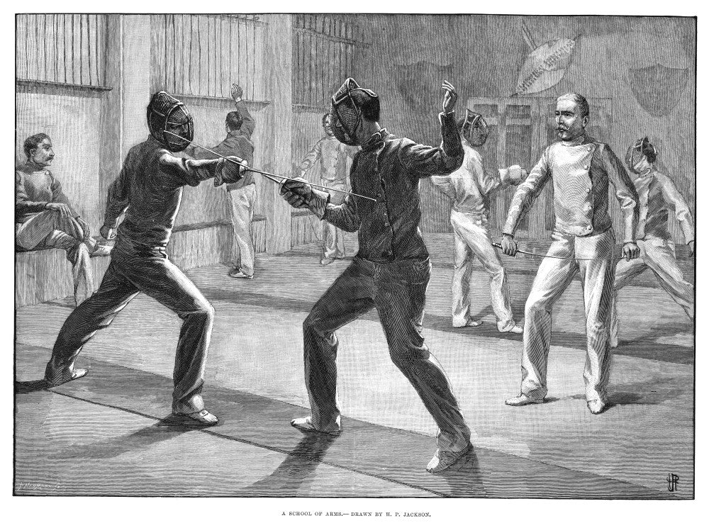 Fencing School Engraving Print - A School Of Arms (1890) by Granger Collection