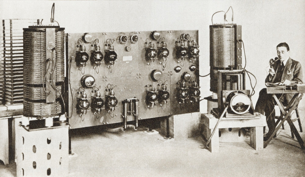 Radio Announcer Transmitting News Bulletin in 1920 Fine Art Print