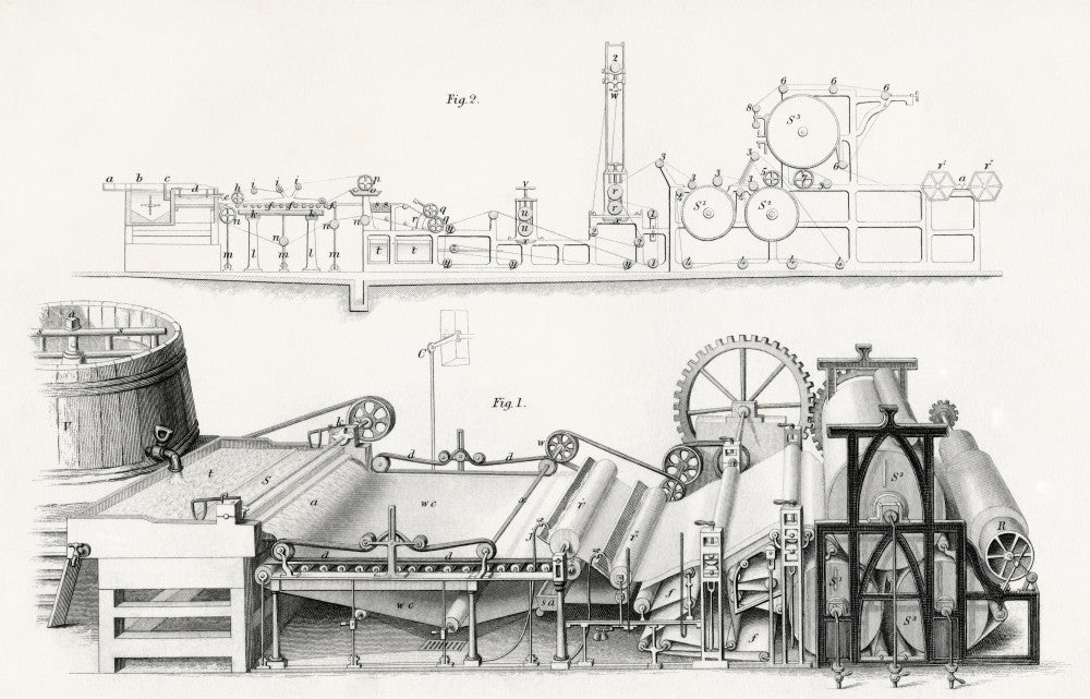 19th Century Paper Making Machine Fine Art Print from Cyclopaedia