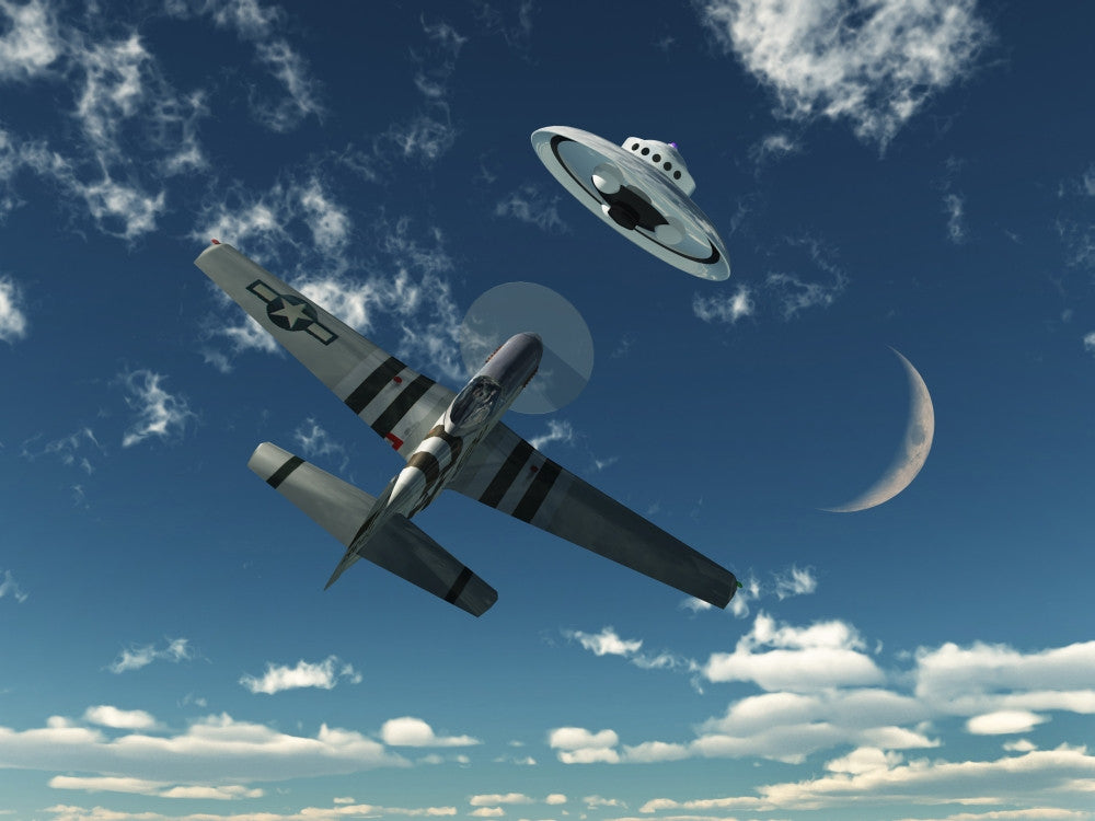 An American P-51 Mustang Chasing a UFO Fine Art Print