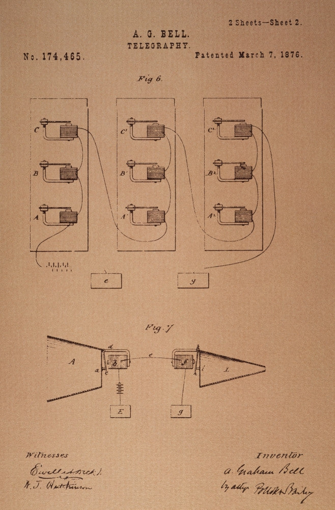 Alexander Graham Bell's 1876 Telephone Patent Drawing Poster Print