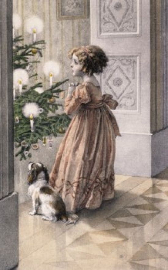 Girl with Dog in Front of Christmas Tree Fine Art Print