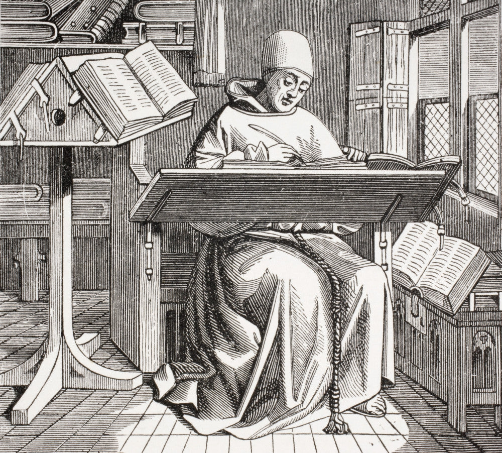 A Monk Scribe Surrounded by Manuscripts Fine Art Print