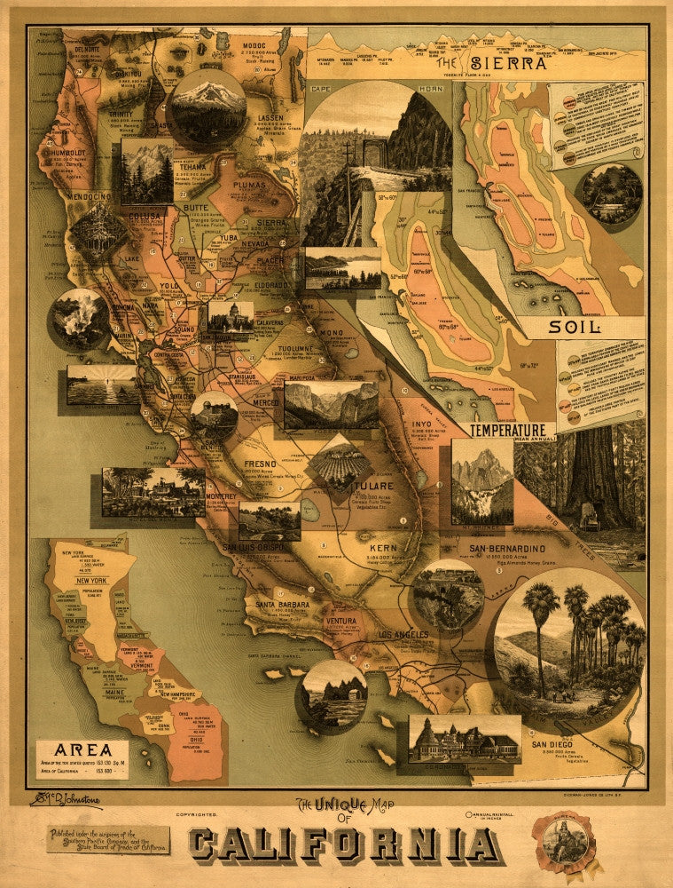 Unique California Map Poster Print Featuring Points of Interest and Soils