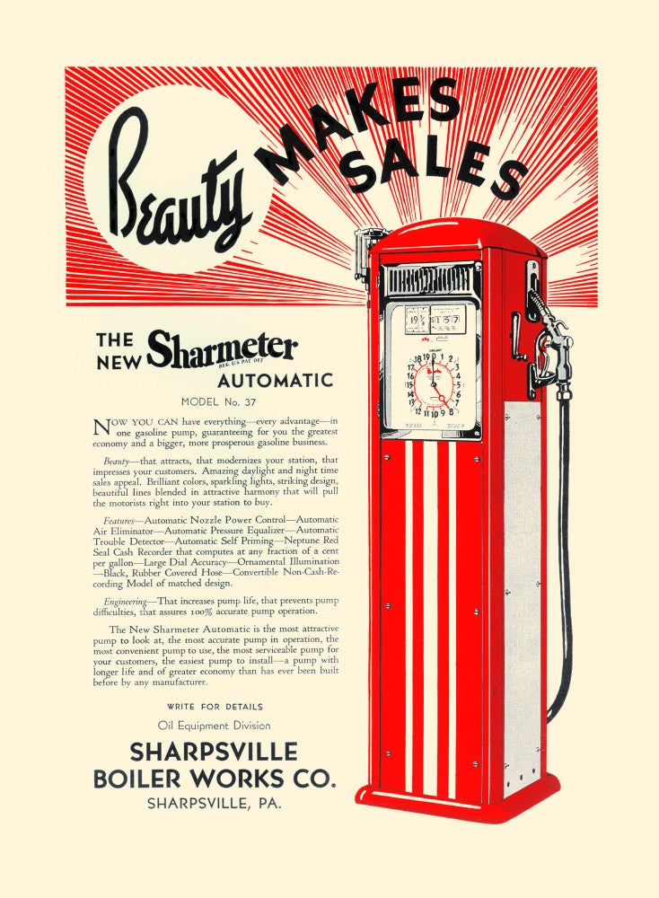 Beauty Makes Sales - The New Sharmeter Automatic Gas Pump Ad Poster Print