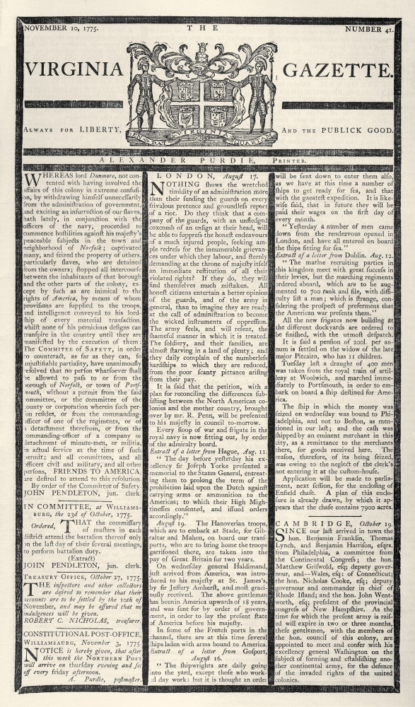 Virginia Gazette Front Page Print - 10 November 1775 | Granger Collection