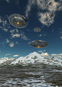 UFOs Flying Over a Majestic Mountain Range Fine Art Print