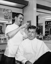 Barber Spraying Hair of a Mid Adult Man in Salon Fine Art Print