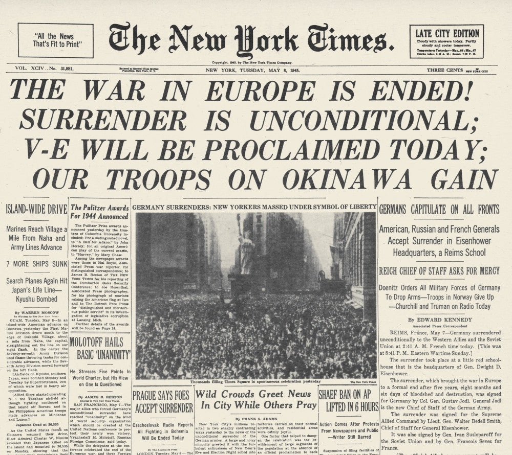V-E Day Frontpage Fine Art Print - New York Times, 1945