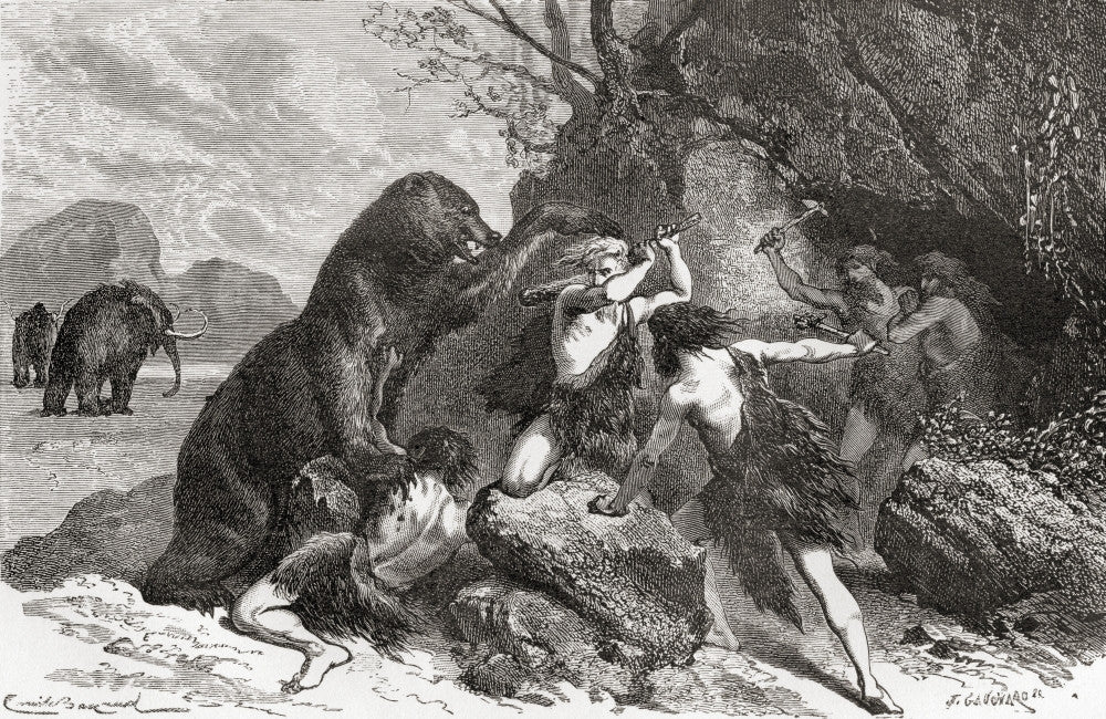 Prehistoric Men Battling a Great Bear Fine Art Print by Ken Welsh