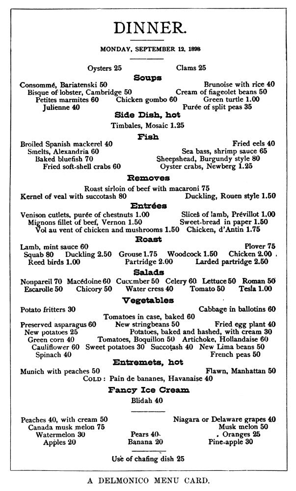 Delmonico's Restaurant Dinner Menu from 1898 Fine Art Print
