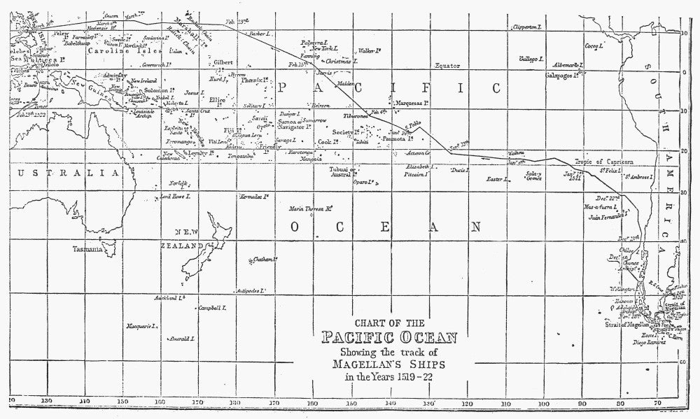 Magellan's Route Map of the Pacific Ocean - 1519-1522 Fine Art Print