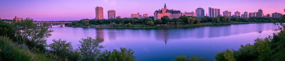 Sunrise over South Saskatchewan River and Saskatoon Skyline Fine Art Print by Panoramic Images