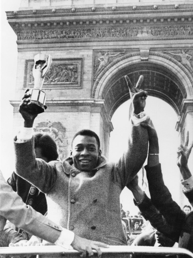 Pele Celebrates with the Jules Rimet Cup on Champs Elysees Poster Print