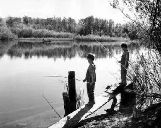 Two Boys Fishing in Lake Fine Art Print