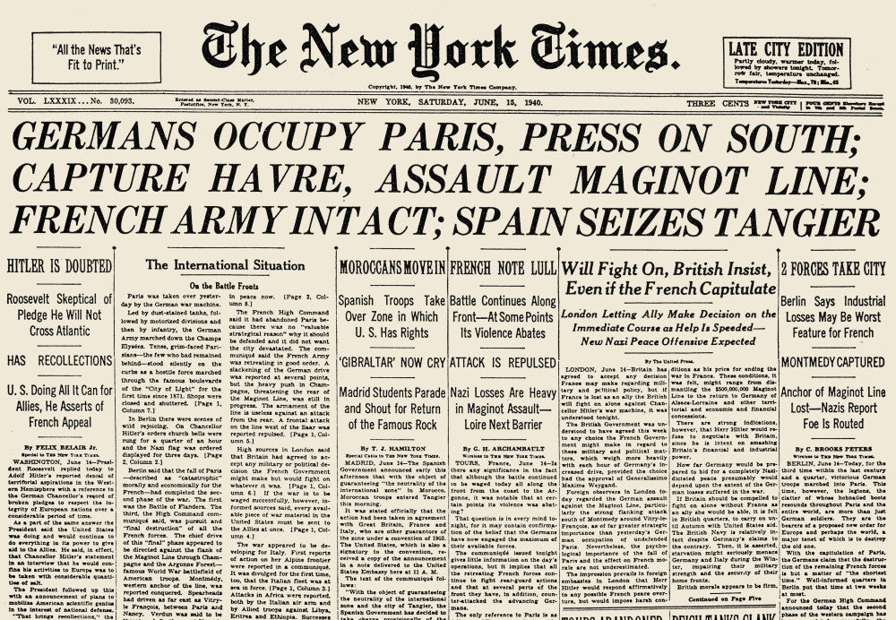 World War II: New York Times Front Page Print, June 15, 1940