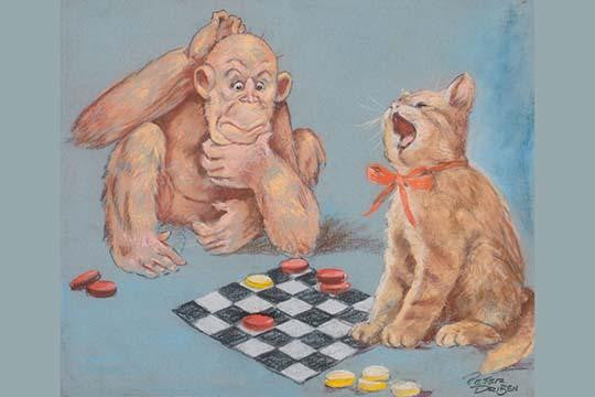 Cat and Monkey Playing Checkers Fine Art Print by Peter Driben