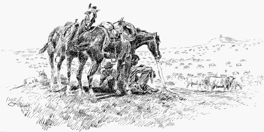 Cowboys, 19th Century Drawing 'Time To Talk' by Charles M. Russell