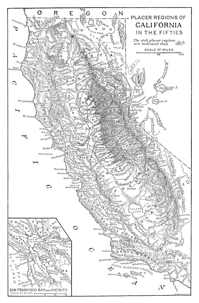 Gold Rush Map of California's Placer Mining Regions - Vintage Engraving Fine Art Print by Granger Collection