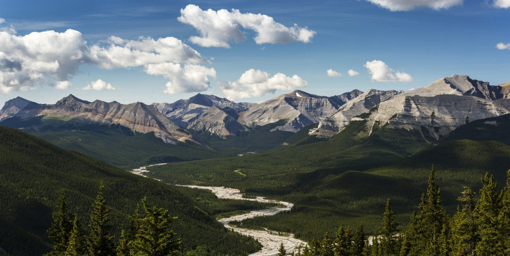 Panorama of Bragg Creek River Valley and Mountain Range Fine Art Print by Michael Interisano