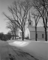 USA, Maine Village Street and Church Fine Art Print