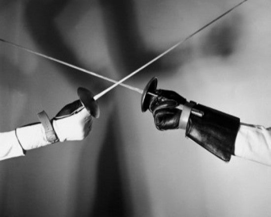 Close-up of Two Persons' Hands Fencing Fine Art Print
