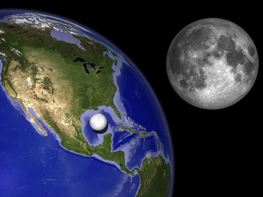 Enceladus and Earth's Moon Fine Art Print - Stunning Space Illustration