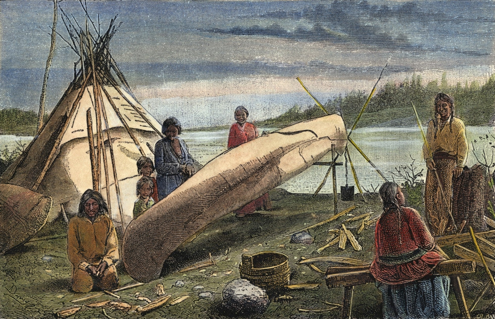 Chippewa Birchbark Canoe Engraving - 19th Century Print